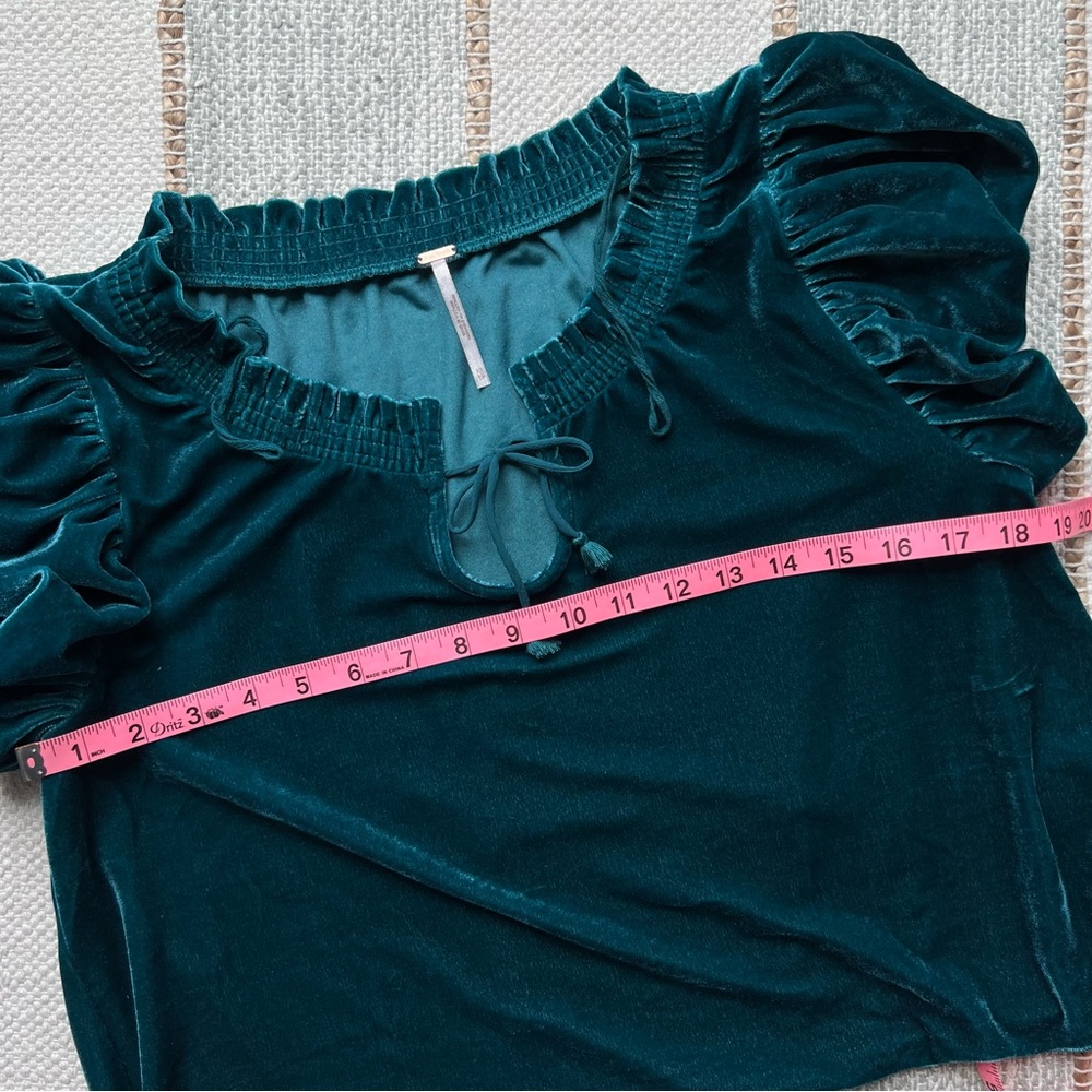 Free People Turquoise Velvet Short Puff Sleeve Pullover Top Women’s Size XS - Picture 6 of 8